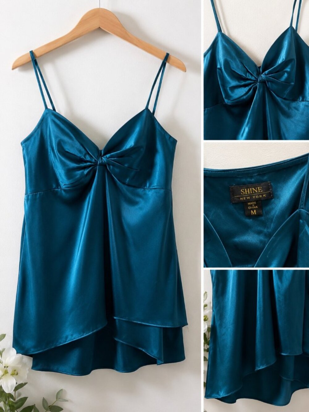 Shine New York Teal Silk Babydoll Camisole Y2K Bow Top Size M